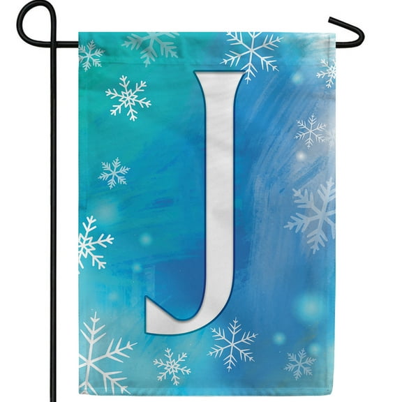 America Forever Winter Monogram Letter J Garden Flag Vertical Double Sided 12.5 x 18 inches Blue Snowflake Winter Holiday Seasonal Flags for Outdoor, Yard, Porch Decoration Snowfall Garden Flag