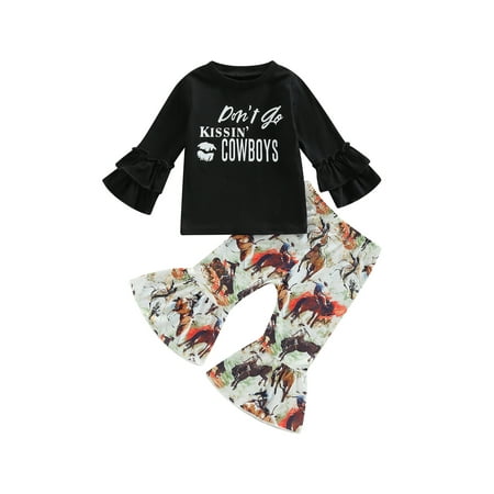 

Western Toddler Kid Girl Outfit Long Sleeve Letter Print Top Horse Print Flared Pants 2Pcs Fall Set
