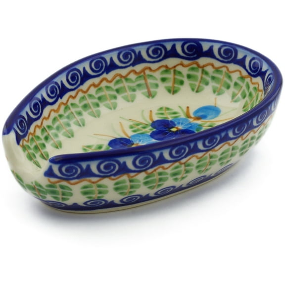 Polish Pottery 5-inch Spoon Rest (Blue Pansy Theme) Hand Painted in Boleslawiec, Poland   Certificate of Authenticity