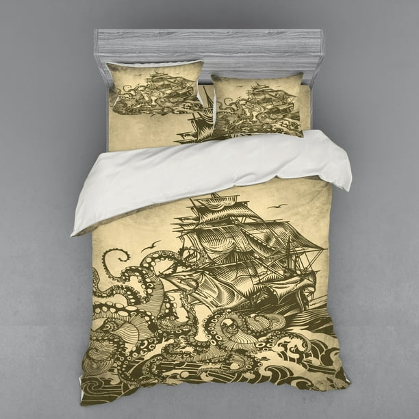 Old Boat In Ocean Waves Bedding Set, Sail On By Boat Nautical Duvet Cover Set