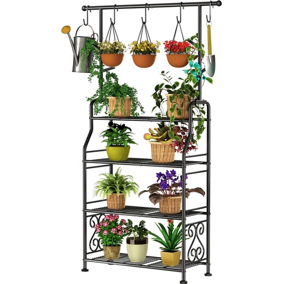 3-Tier Tall Metal Plant Stand Indoor Outdoor - Heavy Duty Plant Shelf for Garden, Patio, Balcony with 5 Hanging Hooks, Holds 16-25 Plants,