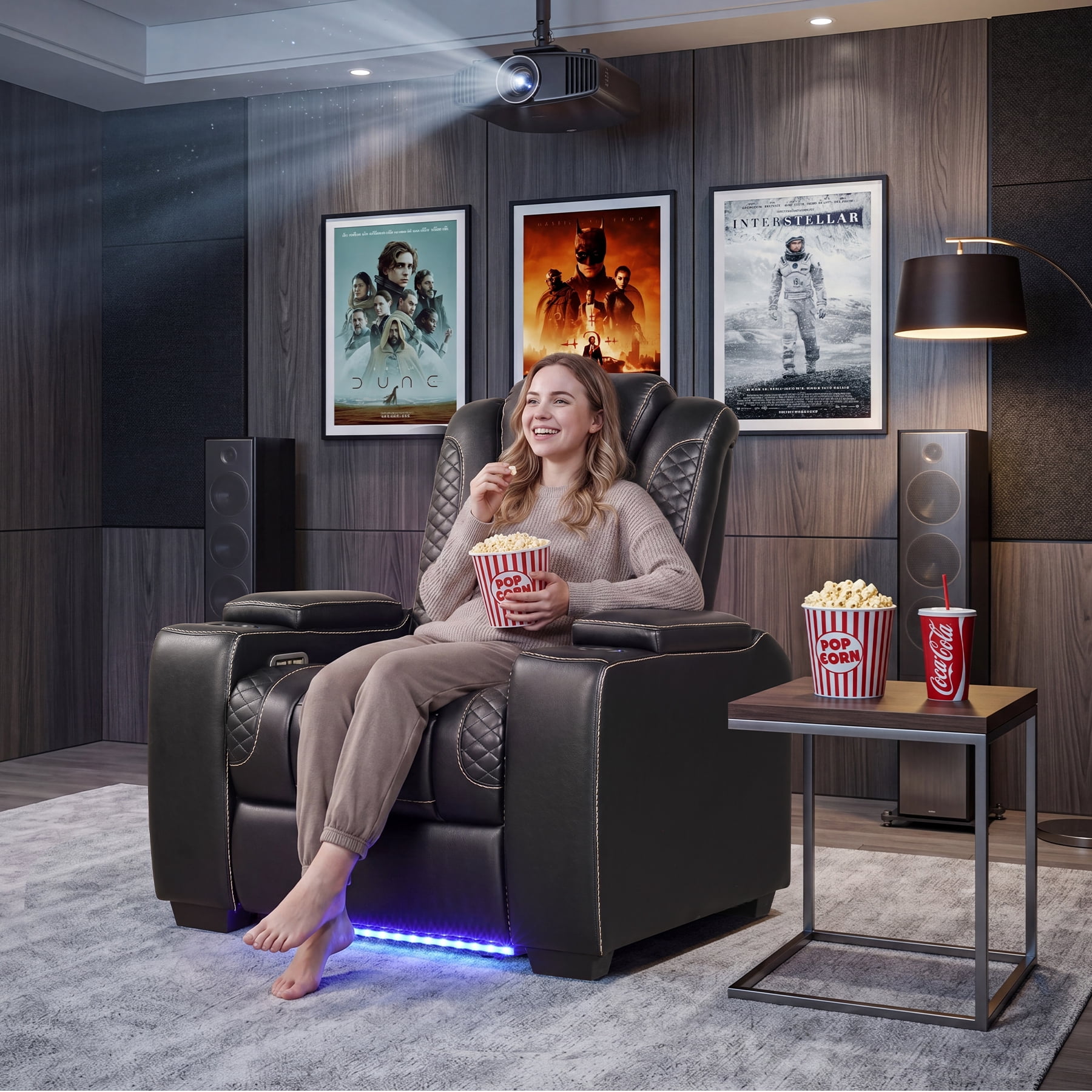 Bonzy Home Power Controlled Electric Recliner with Adjustable Headrest & LED Lighting, USB Ports Cup Holders, Home Theater Seating Reclining Chair, Black