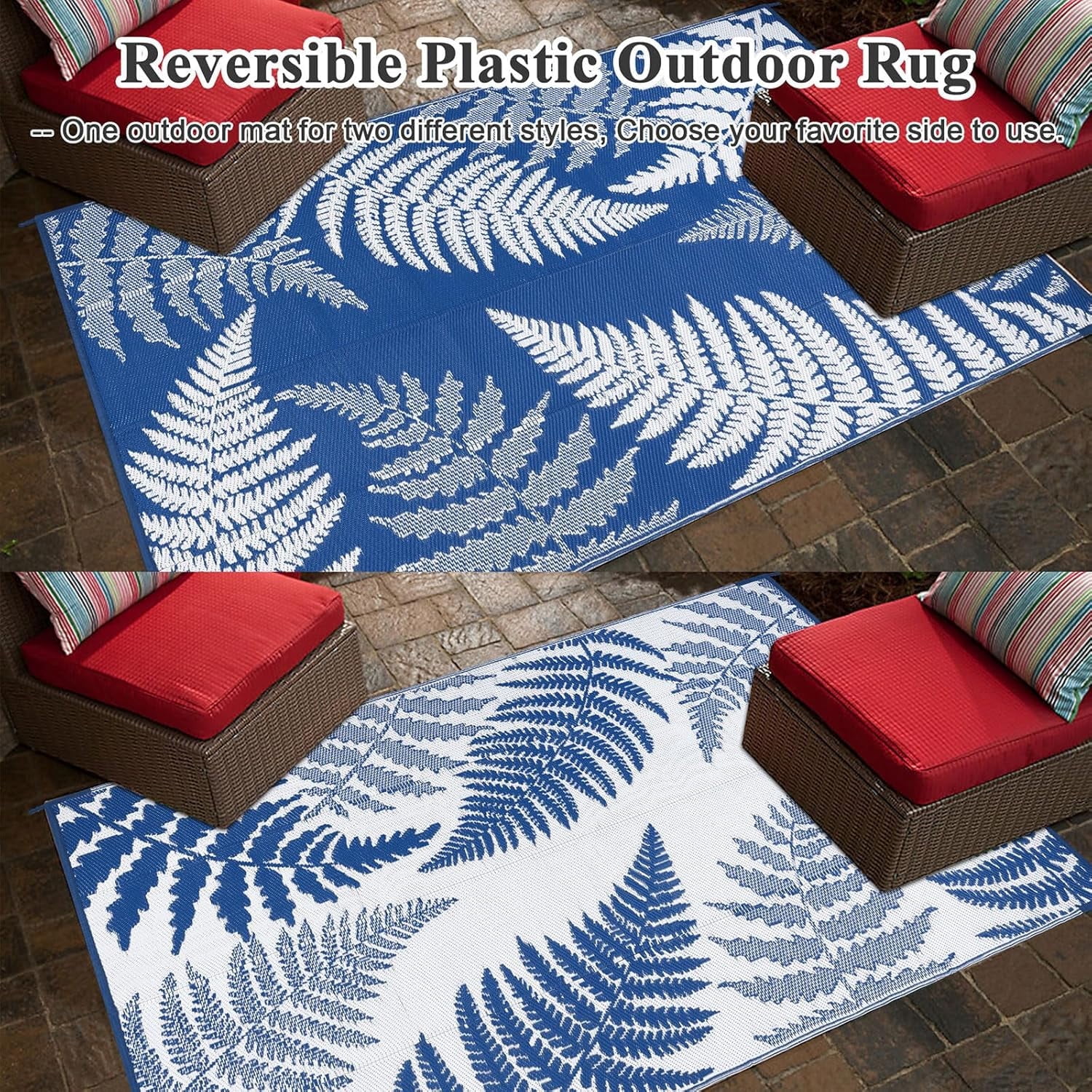9'x12' Outdoor Rugs for Patios, Yamaziot Patio Rug RV Mat, Waterproof Reversible Plastic Straw Camping Rug for Deck Porch Balcony Blue Beach Blanket