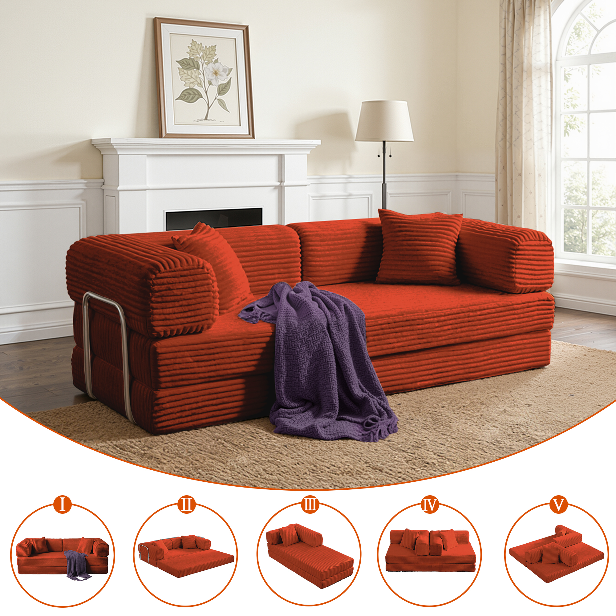 Gewnee Orange 2-in-1 Convertible Corduroy Sofa Bed with High-Density Sponge No Assembly for Apartment Dorm Office