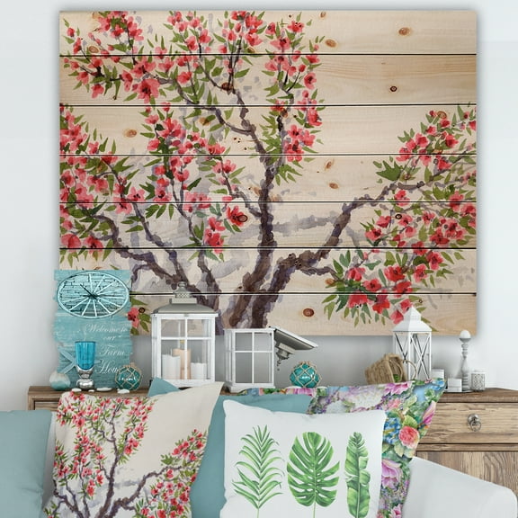 Designart 'Red Flowers On The Spring Blossoming Tree II' Traditional Print on Natural Pine Wood