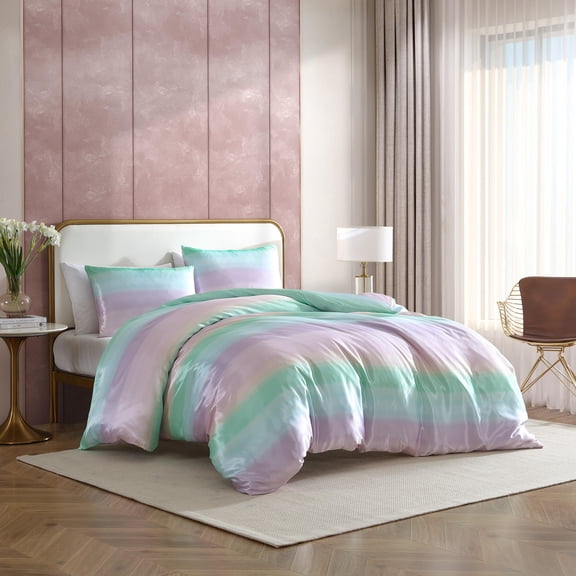Betsey Johnson Pastel Ombre Purple & Blue & Green Full/Queen Duvet Cover Set, Soft Bedding with Shams, Machine Washable