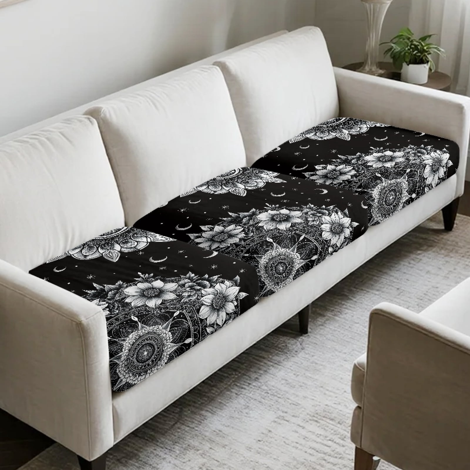 COEQINE Stretch Couch Cushion Cover Soft Sofa Couch Cover Sets Machine Washable Seat Slipcover Furniture Protector for 3 Cushion Sofa for Pets, Kids, Boho Mandala Floral Moon Stars