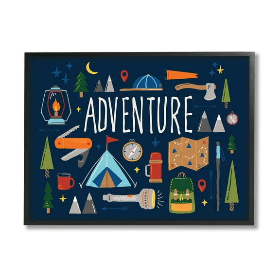 Stupell Industries Adventure Sentiment Outdoor Camping Necessities Typography Painting Black Framed Art Print Wall Art, 11 x 14