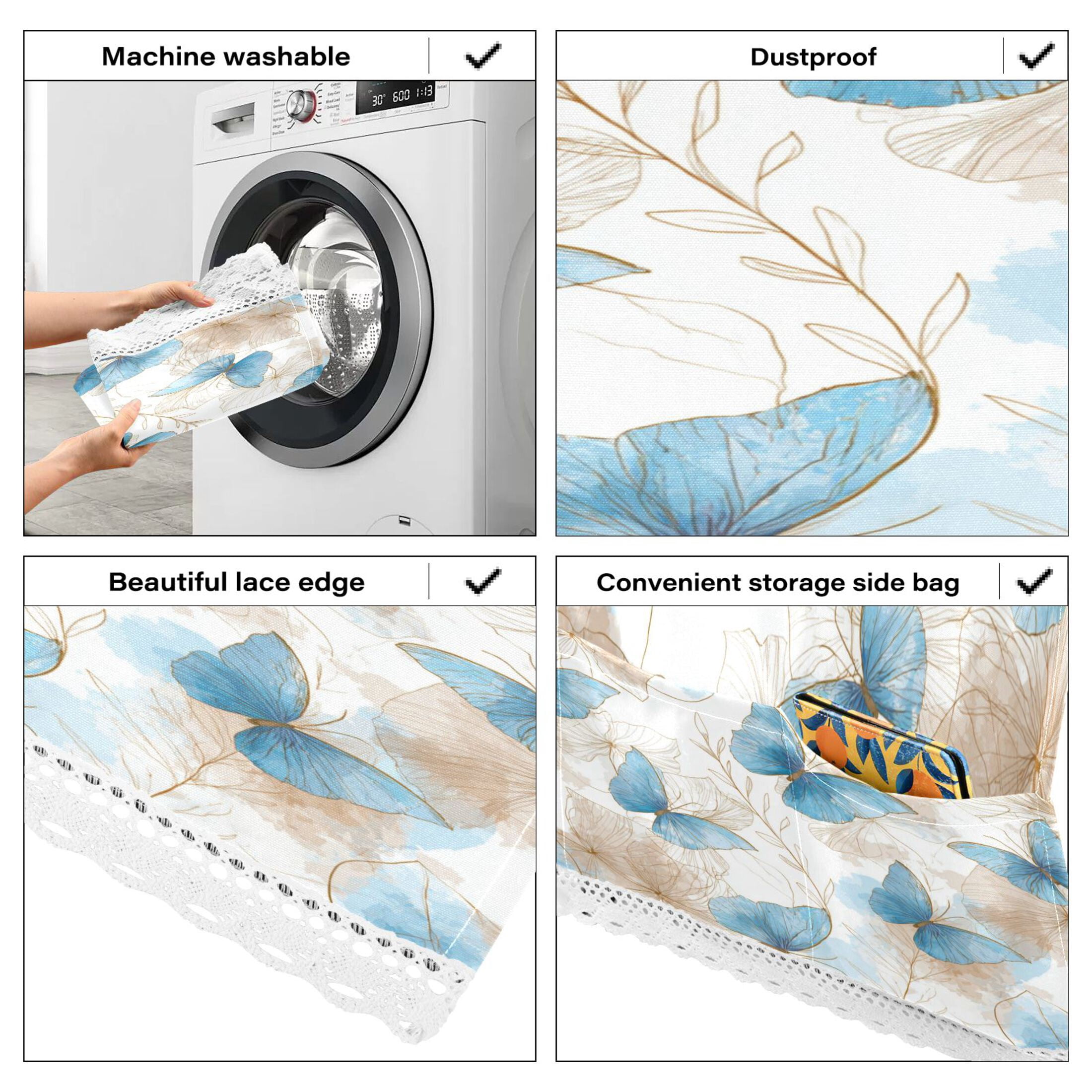 Wobogo Soft Blue Butterfly Washing Machine Cover Dustproof Washer Dryer Cover Waterproof Laundry Room Decorative Protector