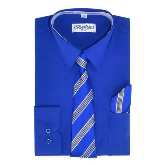 Berlioni Kids Boys Long Sleeve Dress Shirt With Tie and Hanky Blue