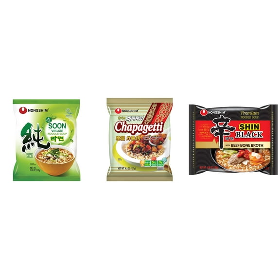 3 Pack Korean NongShim Gourmet Spicy Shin Instant Ramen Noodle, 3 Flavors(Soon Veggie,chapagetti,shin black) Plus NineChef Brand Long Handle Coffee Spoon