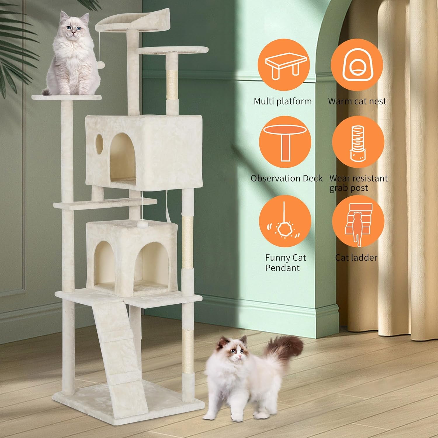 Bestpet 81in Cat Tree Tower for Indoor Cats,Multi-Level Cat Furniture Activity Center with Cat Scratching Posts Stand House Cat Condo with Funny Toys for Kittens Pet Play House,Beige