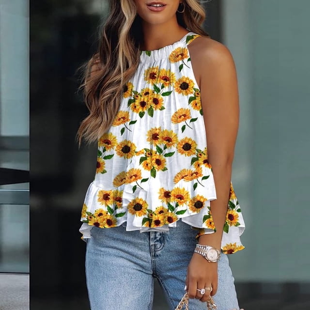 ICHUANYI Clearance Women's Fashion Printed Round-Neck Sling Vest T-Shirt Loose Top(Yellow, S) ICHUANYI WER2023080812825