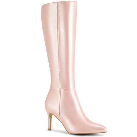 

BLISSFUL STEP Women Pointed Toe Side Zipper Stiletto Heel Knee High Boots Pink 7.5
