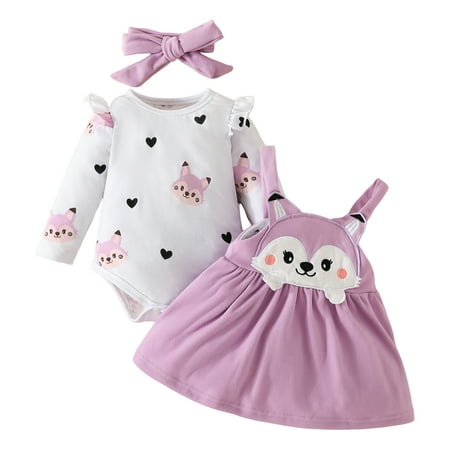 

TJAZFJPA 4th of July Outfits for Baby Girls Toddler Girls Long Sleeve Cartoon Print Romper Bodysuits Suspenders Skirts Bow Tie Headbands Outfits Newborn Girl Photoshoot Outfits Winter