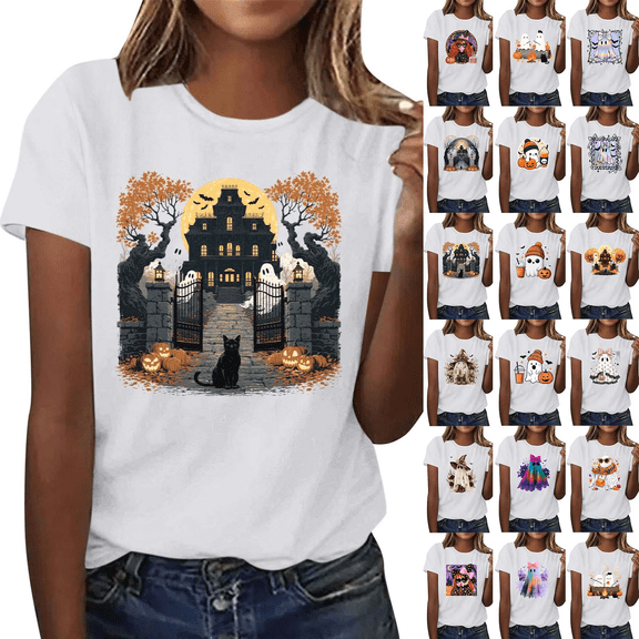 Qzwdhjm Womens Halloween Shirts Halloween Graphic Short Sleeve Tops Spooky Season Loose Casual Shirt for Fall Party