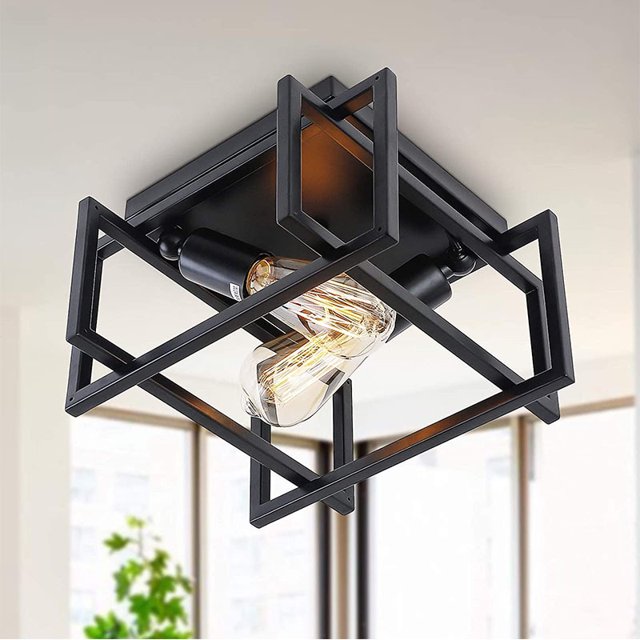 YANSUN 2-light Flush Mount Ceiling Light Fixture with Black Shade,Cage Ceiling Light,Staggered-Lines Design For Bedroom Livingroom