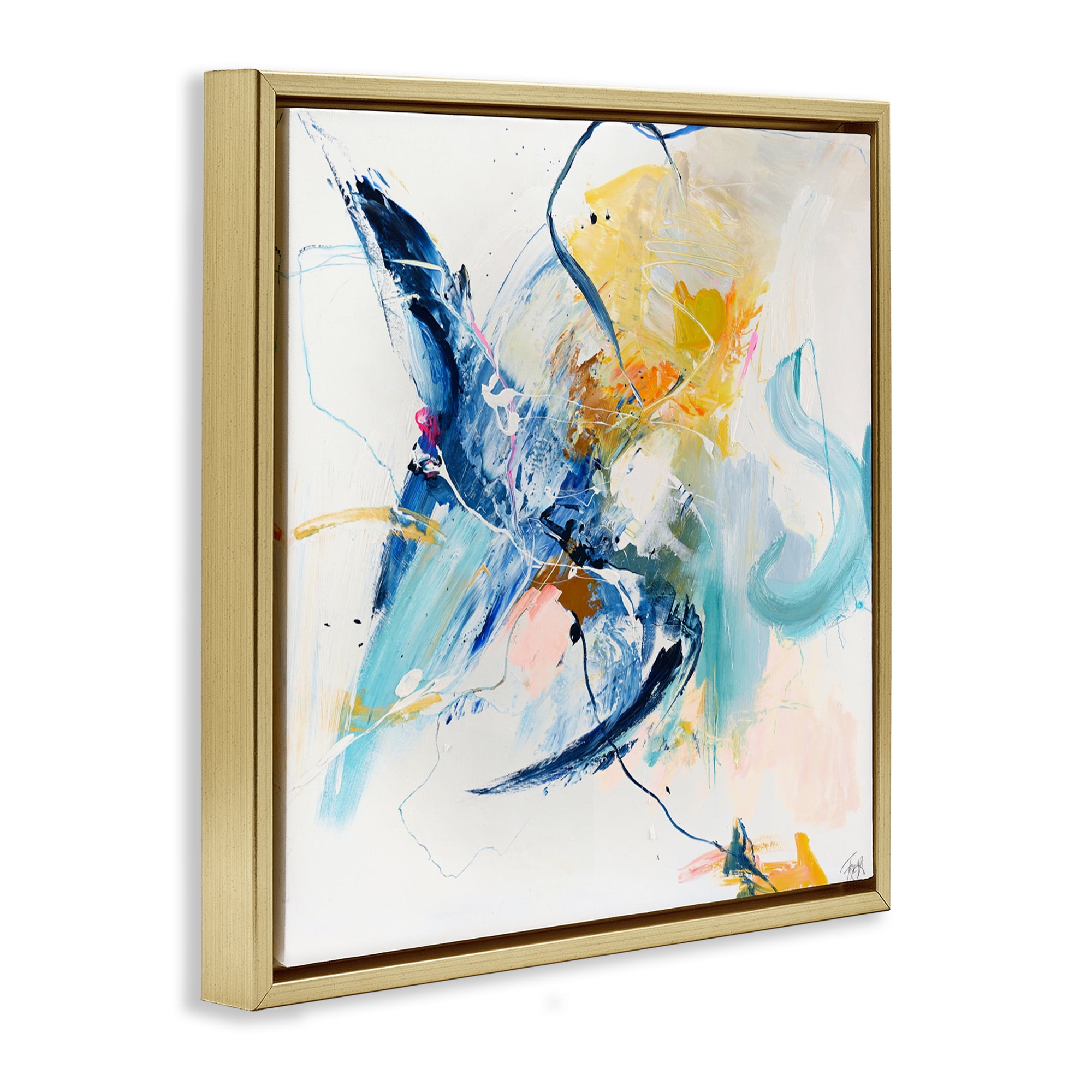 Confident Blue Abstraction Gold Framed Floater Canvas Wall Art, design by Design Fabrikken