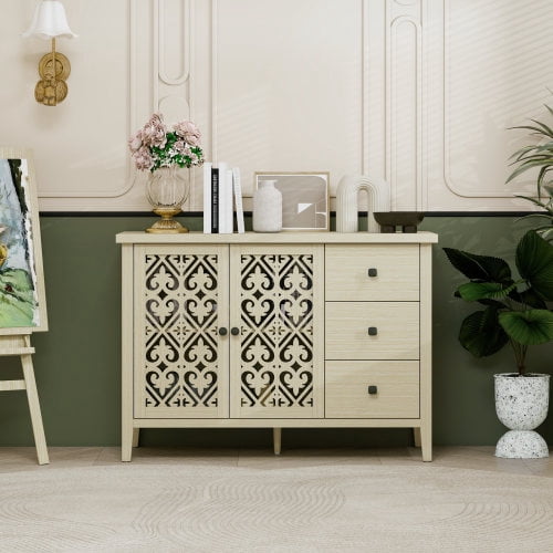 BSHTI Hollowed-out Cabinet with 2 Door 3 Drawers, American Furniture, Suitable for Bedroom, Living Room, Study