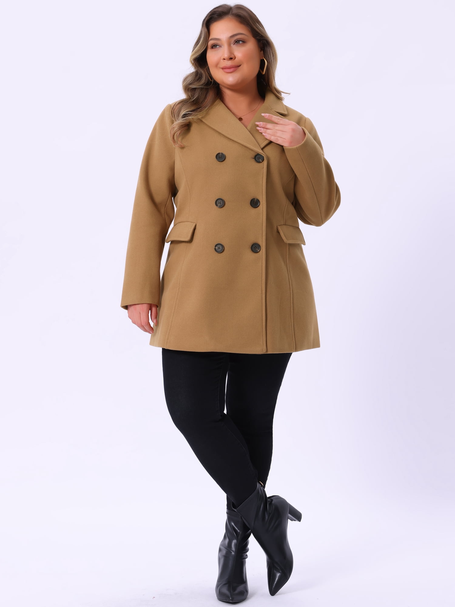 DARING DIVA Women's Plus Size Notched Lapel Double Breasted Long Coat 4X Camel