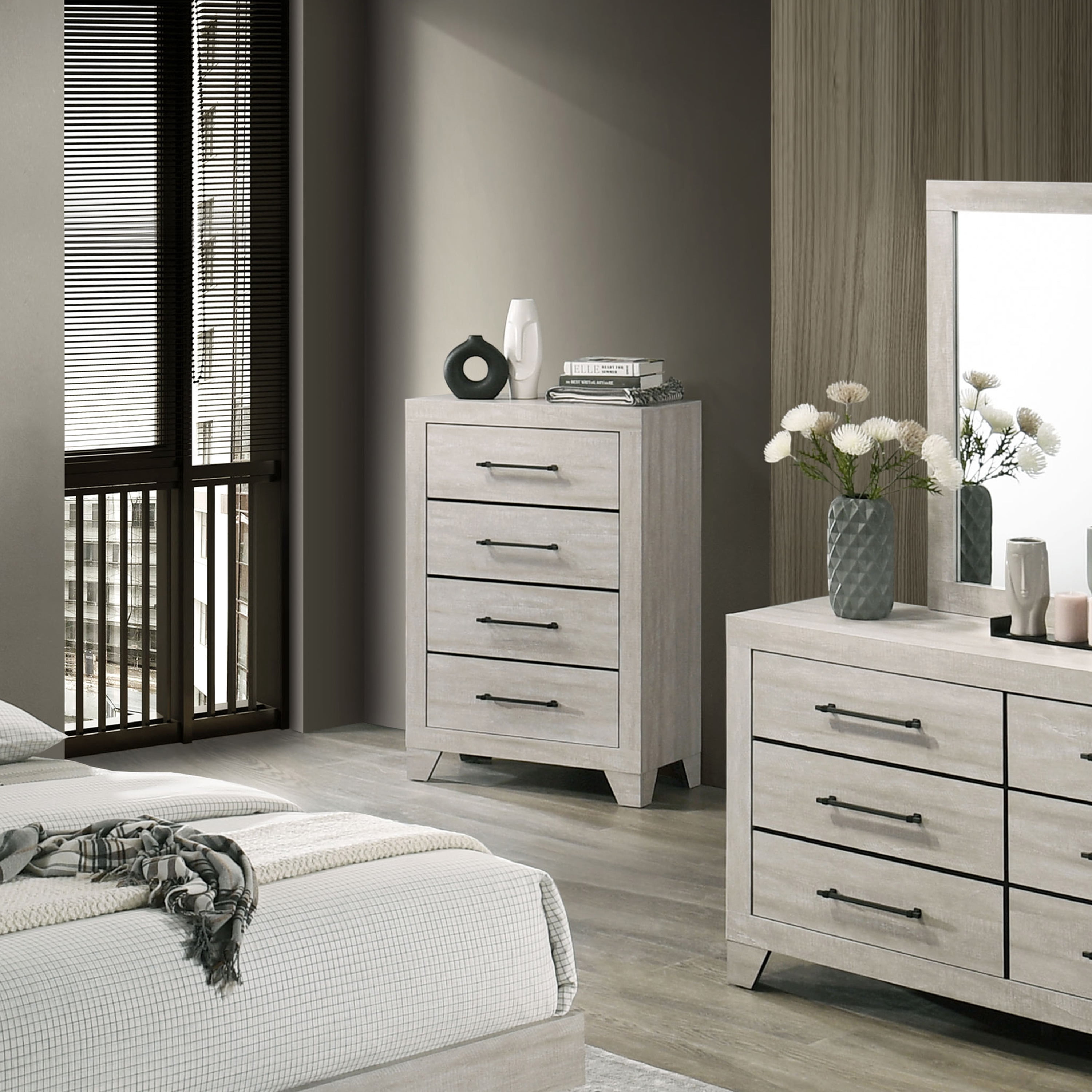 Furniture of America Baurke Modern 4-Drawer Vertical Dresser, Light Gray