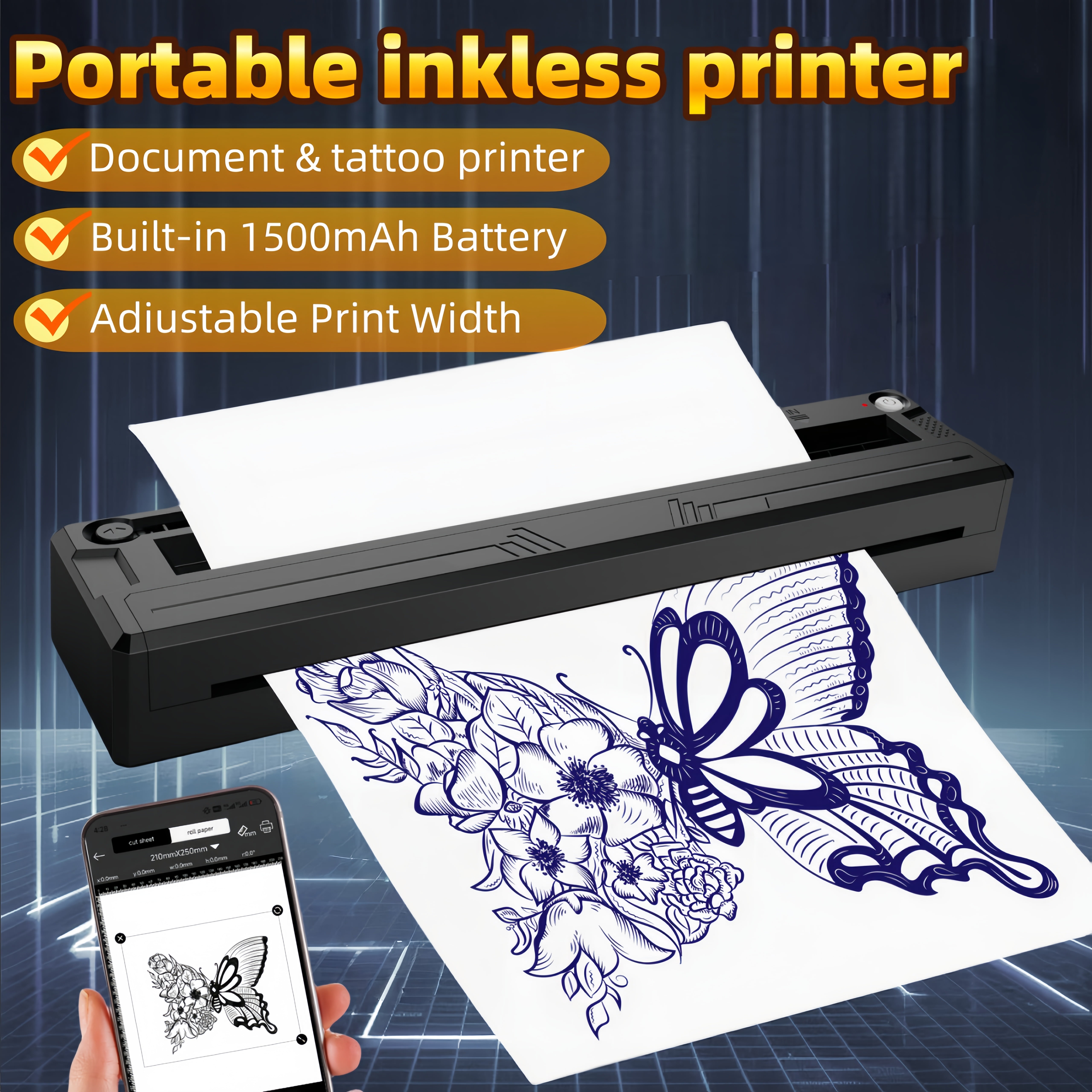 Wireless Tattoo Stencil Printer & A4 Thermal Printer with App Custom, Print Realistic Portraits, 6 Transfer Papers Included and Six Sheets of Thermal Paper