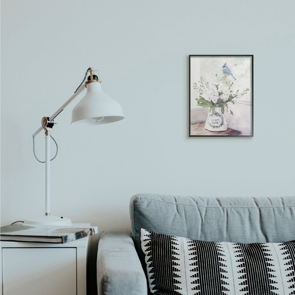 Stupell Industries Blue Cardinal on Spring Bouquet Carpe Diem Watercolor Framed Wall Art Design by Stellar Design Studio, 11" x 14", Black Framed