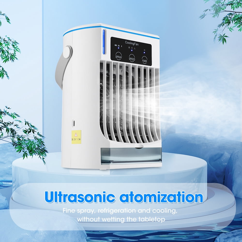 Portable Air Conditioners with Ultrasonic Atomizer,3-Speed Air Conditioner with Blue LED Light, Cooling Fan,Adjustable Cooling Modes Air Conditioner Portable For Home Office Outdoors,White