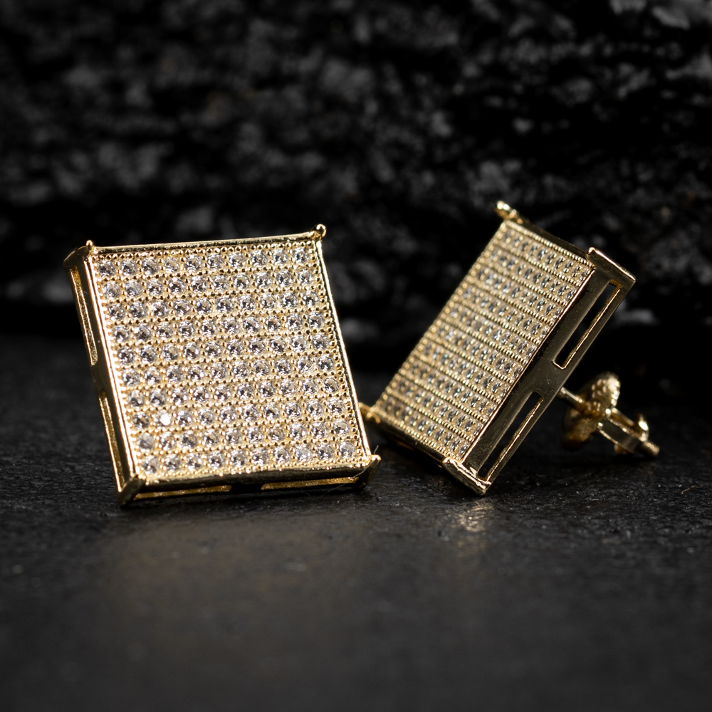 Men's Large Square Flat Screen Hip Hop Big Yellow Gold 925 Sterling Silver Screw Back Stud Earrings