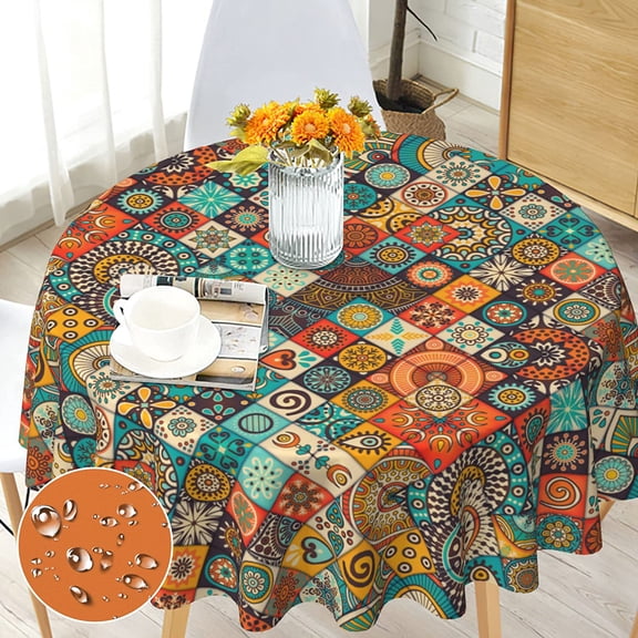 Boho Round Tablecloth 60 inch for Dining Kitchen Party Indoor Outdoor | Washable Bohemian Orange Circle Table Cloth Cover, Polyester, Waterproof, Stain Resistance, Wrinkle-Free, 4-6 Seats