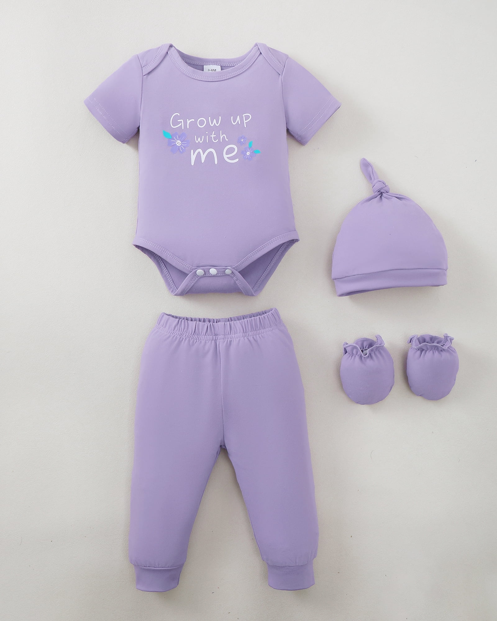 KIMI BEAR Newborn Baby Girls Layette Set 4 Packs 6-12 Months Shower Gifts Essential Clothing Short Sleeves Long Sleeves Romper Top Pants and Bodysuit with Hats and Gloves 15pcs Clothes Purple