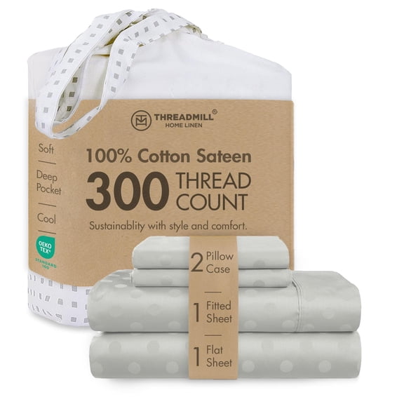 Threadmill 300TC Cotton King Sheet Set, Sateen, Damask, Light Grey, 4-Piece