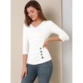 thumbnail image 2 of Top acanalado de decoración de los botones de punto sólido de las mangas del cuello en V de las mujeres 3/4 Blanco 3XL, 2 of 6
