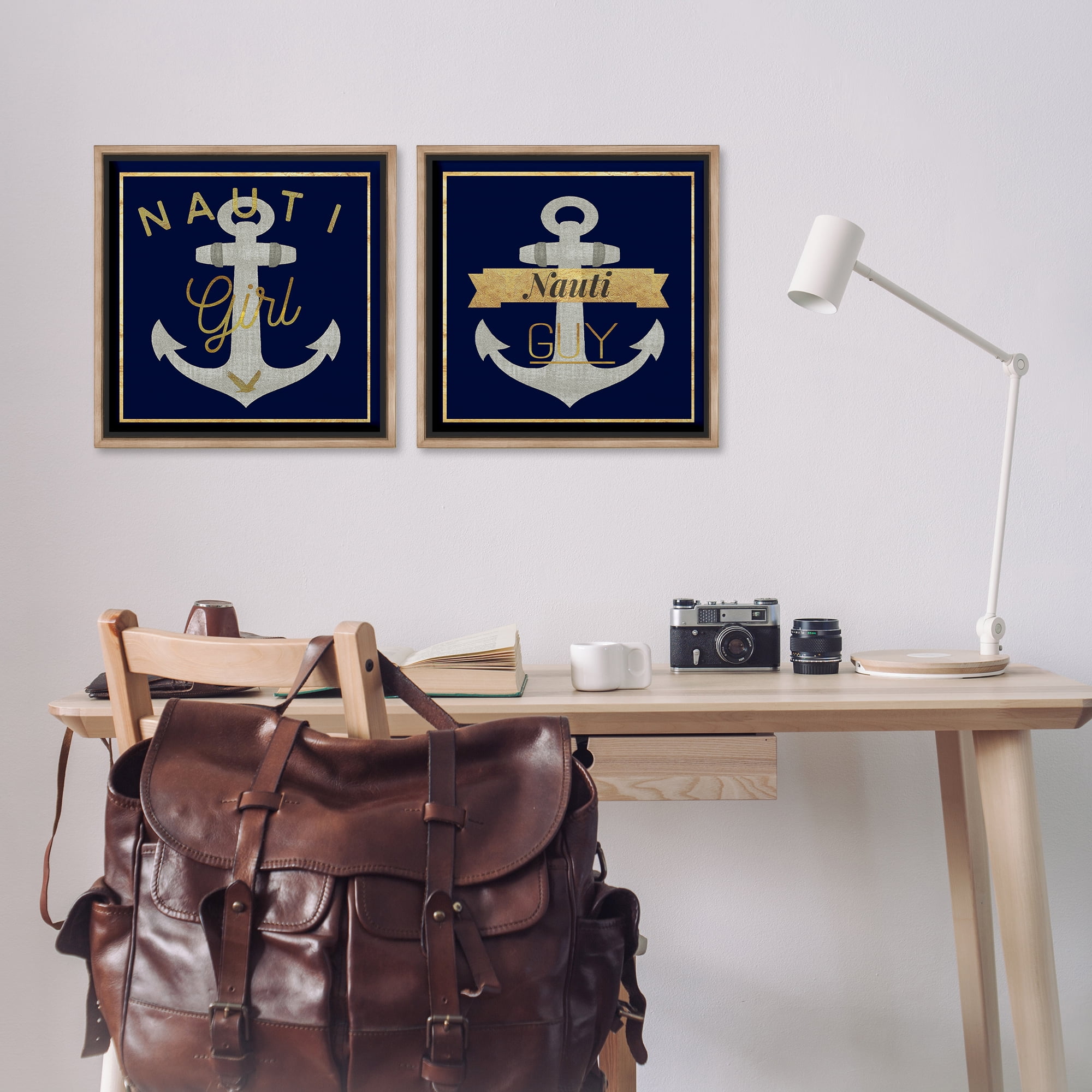 Stupell Industries Nauti Girl & Guy Anchors Nautical & Beach Painting Brown Floater Framed Canvas Art Print Wall Art, 18 x 18, Set of 2