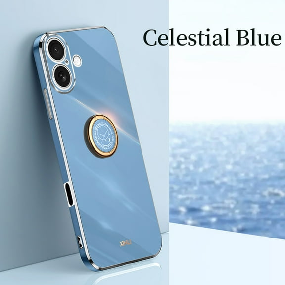 Compatible with iPhone 16 Case Finger Ring Kickstand for Women Girls Rose Gold Edge Full Body Protection Plating Electroplate Case for iPhone 16, Blue