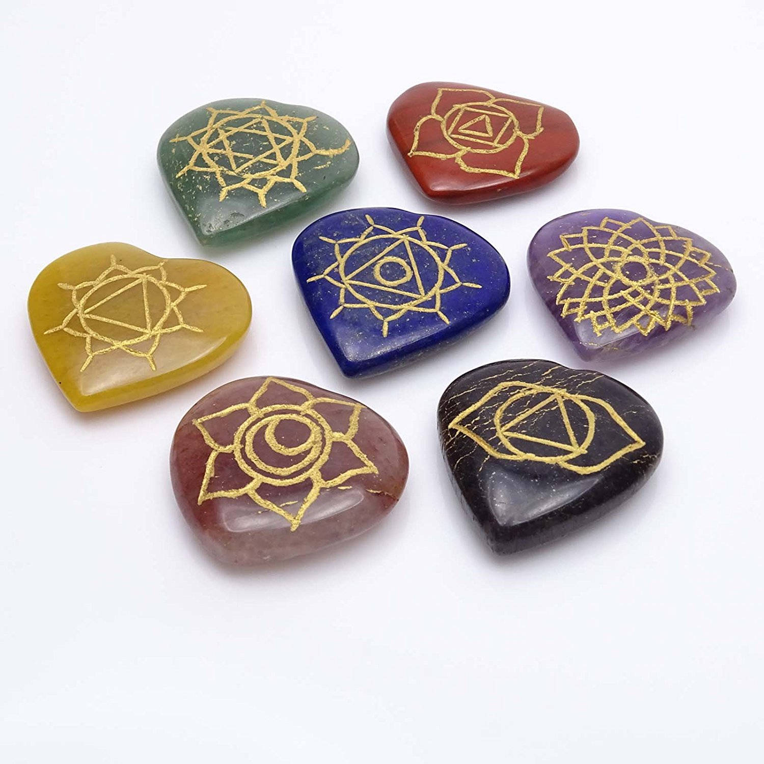Harmonize 7 Multistone Heart Shape Set Chakra Symbol Reiki Healing Crystal Feng Shui Gift Table Decor