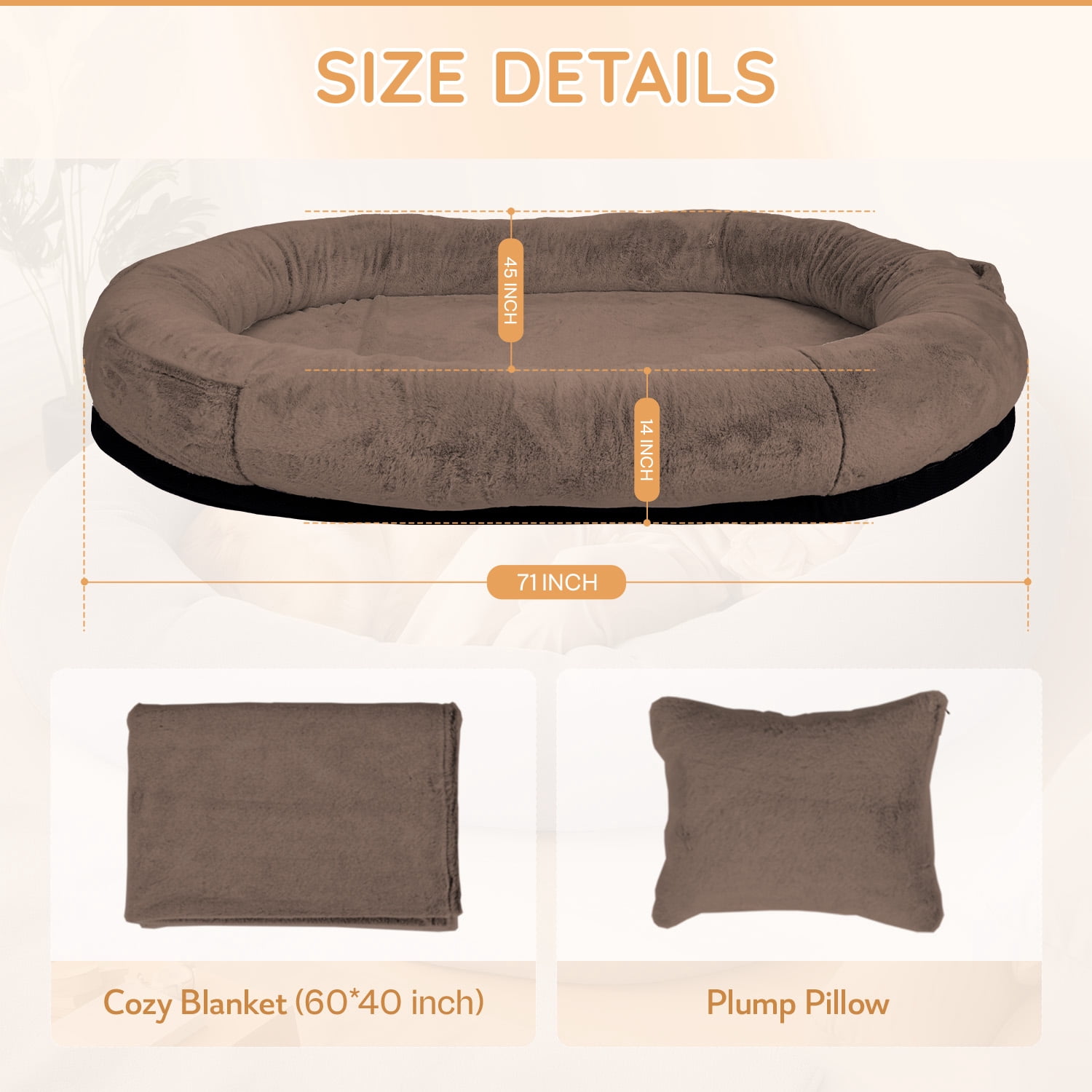 Pipopa Human Dog Bed,71"x45"x14"Large Size fits for adults&Pets,Washable Cover Dog Bed with Pillow and Blanket,Extra Large Human Size Beanbag Bed,Dark Brown
