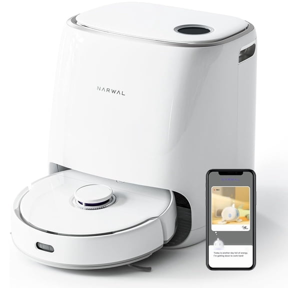 Restored NARWAL Freo Robot Vacuum and Mop Comb, Washing & Drying, Dirt Sense Ultra Clean, Auto Add Cleaner, LCD Display, Smart Swing, Arcuate-Route, WiFi, APP Control, White