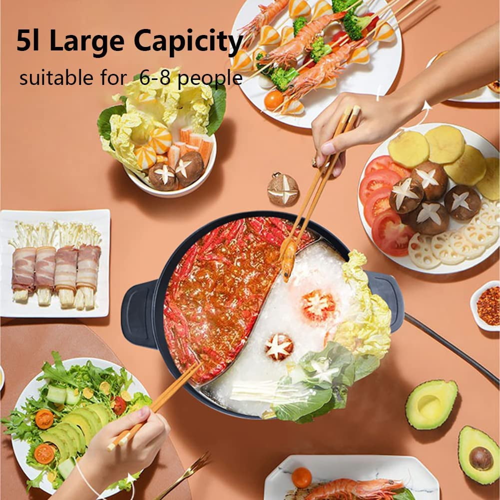 Joydeem Electric Multifunctional Hot Pot with Divider, Double Flavor Non-Stick Pot, Temperature Control, Large 5L Capacity for 6-8 People, 1500W, White