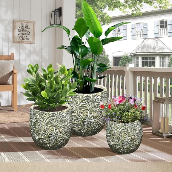3-Piece Large Concrete Planter Set for Indoor & Outdoor Use - Round Garden Pots (18, 13, 9 Inch Dia) with Drainage Hole & Plug (SH002)