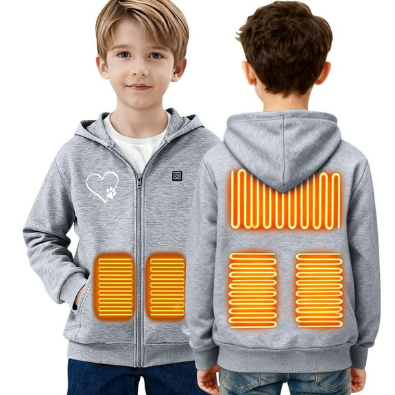 ATOGUTA Kids Heated Zip Up Hoodie Lightweight Electric Heating Hooded Sweatshirt Winter Outdoor Warm Jacket with No Battery Size 4T-13 Gray