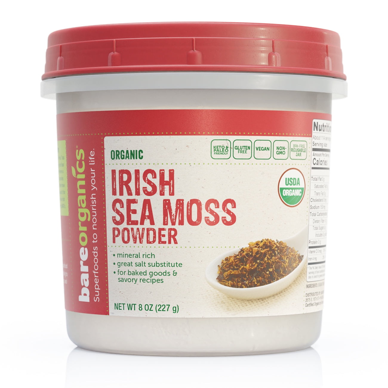 (2 pack) BareOrganics Raw Organic Irish Sea Moss 8 oz Pwdr.