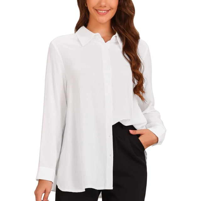 Camisas de botón para mujeres, camisas de vestir, con cuello, aberturas laterales, ropa de trabajo, blusas de manga larga, blanca, XS