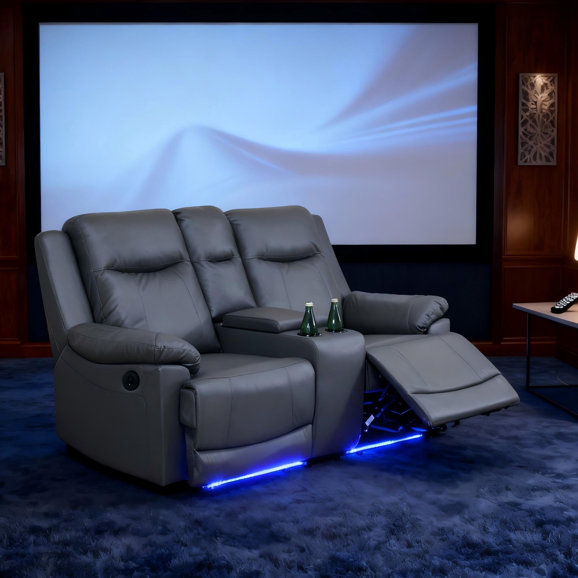 Gewnee Silver Gray Loveseat with Console & Cup Holders, Air Leather & High-Elastic Sponge, Adjustable Recline, Perfect for Living Rooms（Power Recliner ）