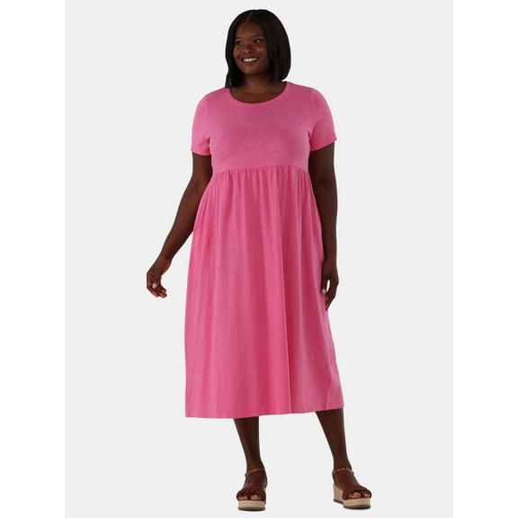 Terra & Sky Women's Plus Size Cotton Gathered Waist T-Shirt Dress, Sizes 0X-5X