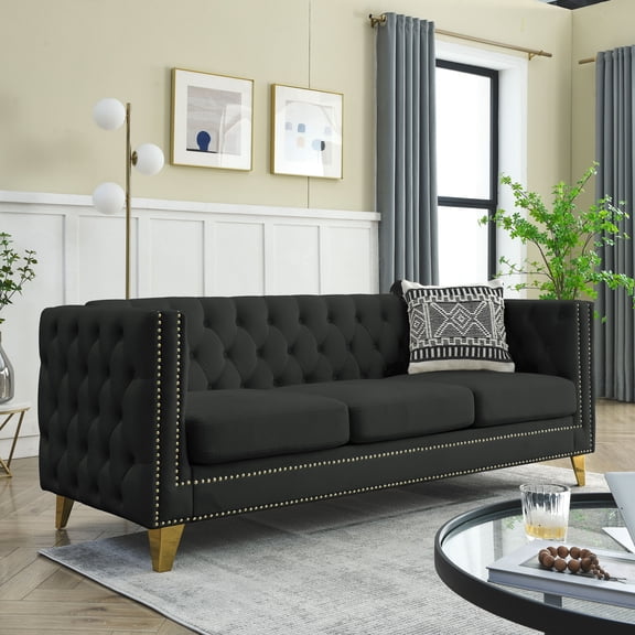 Velvet Tufted Sofa for Living Room - Modern Square Arm Couch with Button Upholstery & Metal Legs, Stylish Sofa for Bedroom (Black)