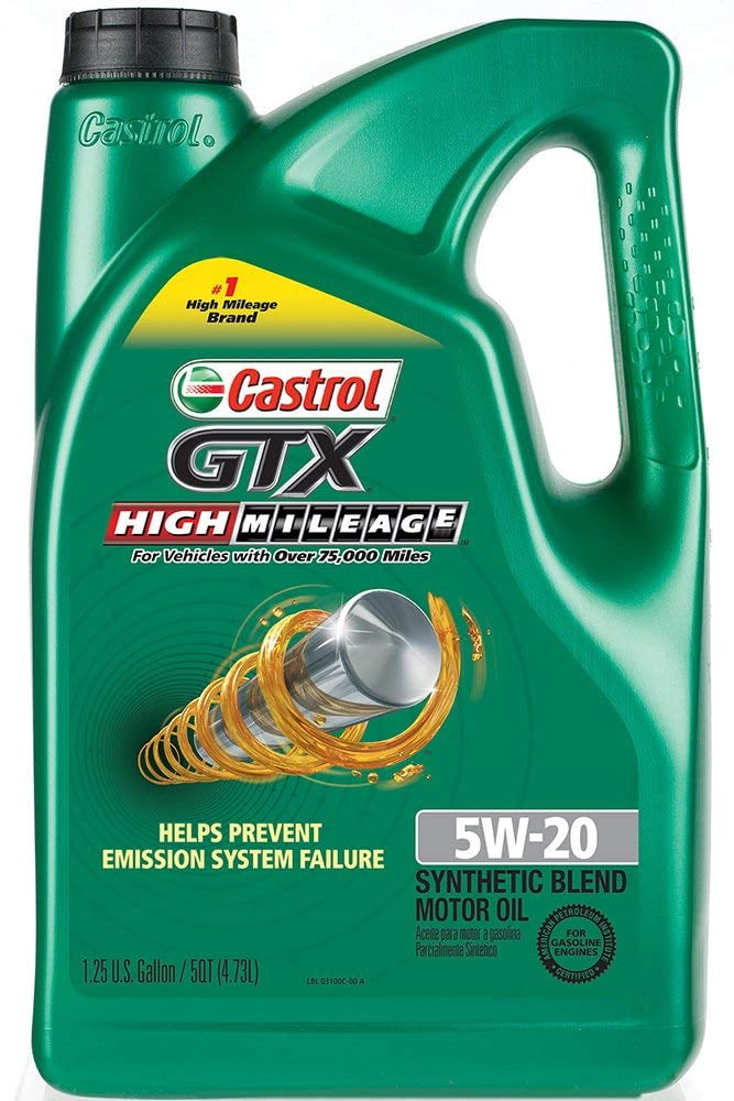 Castrol 03100 GTX High Mileage 5W-20 Synthetic Blend Motor Oil, 5 Quart