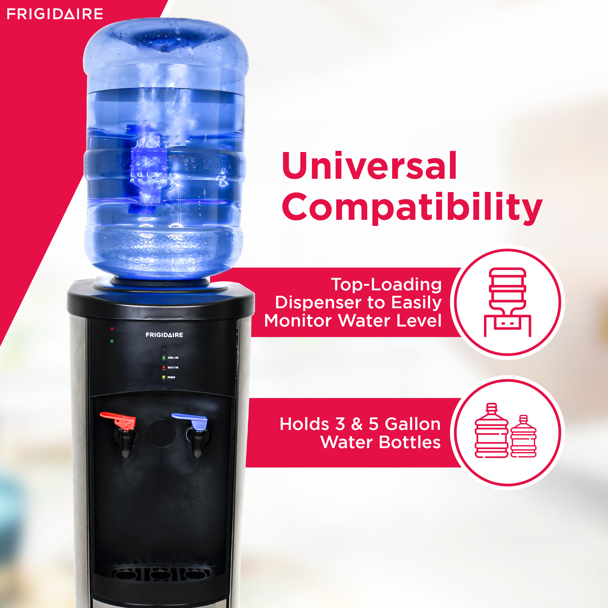 Frigidaire Top Load Hot & Cold Water Cooler Dispenser, Fits 3 and 5 Gallon Bottles, Stainless Steel