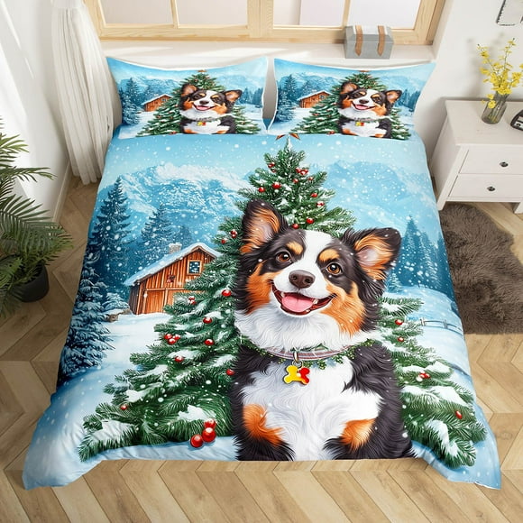 YST Christmas Corgi Queen Bedding Set,Xmas Decor Gifts Cute Dog Duvet Cover for Kids Boys Girls,Winter Snow Rustic Cabin Bed Set Christmas Corgi Decorations Duvet Cover 3Pcs