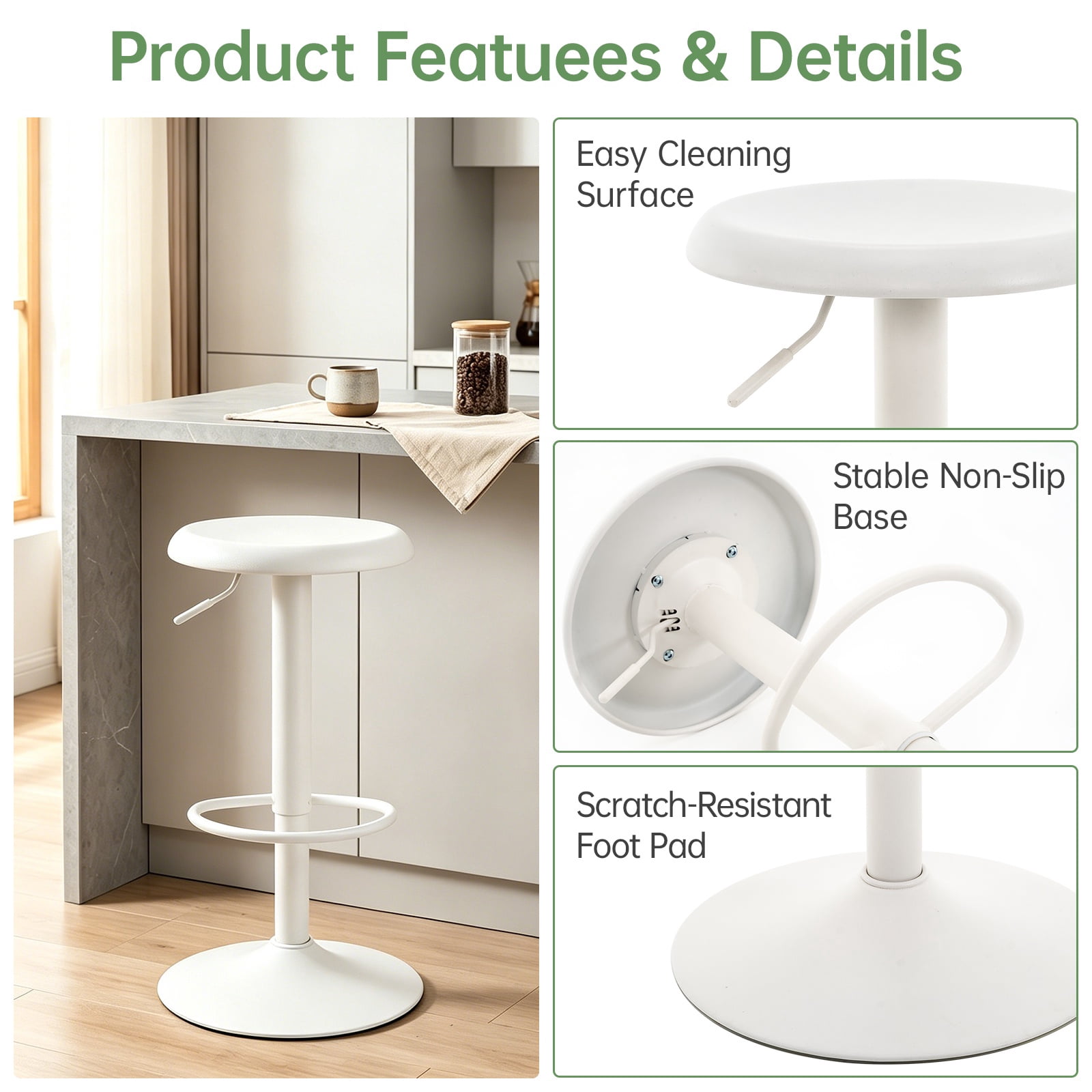 Single White Bar Stool, Adjustable 360° Swivel Counter Height Bar Stool, Industrial Backless Metal Bar Chair for Kitchen Island with Footrest